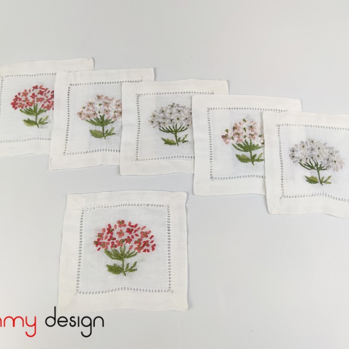 Set of 6 coasters hand-embroidered with red hydrangea  10*10 cm